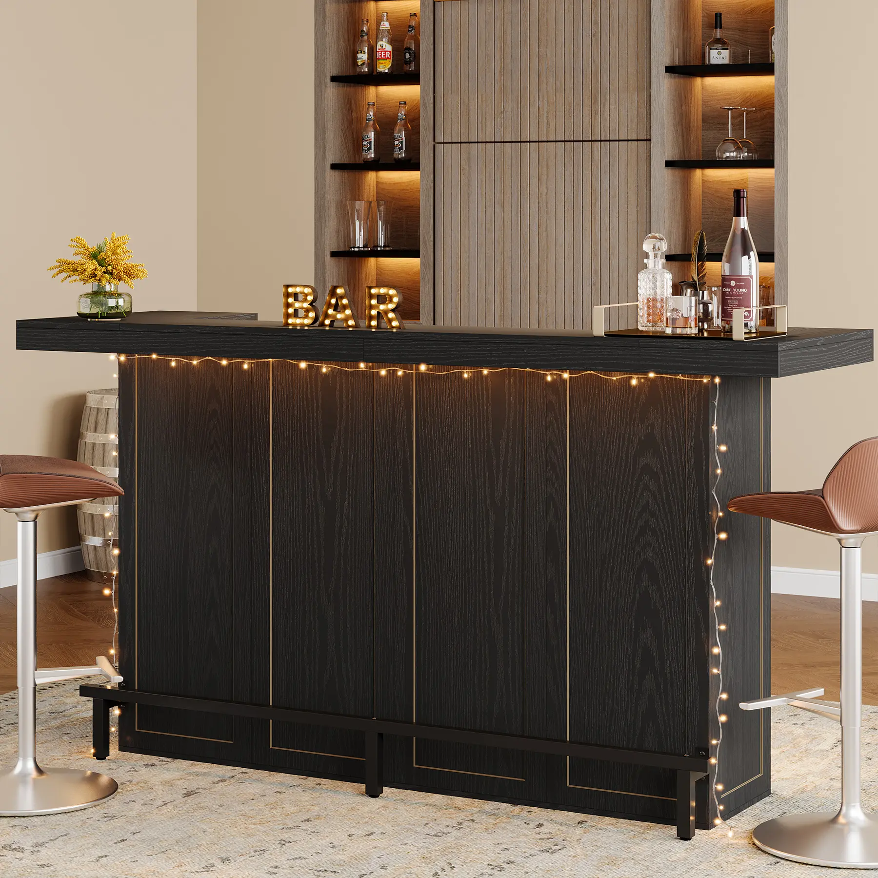 Tribesigns 4-Tier Bar Table, 70.9-Inch Large Wooden Home Bar Unit with Wine Glass Holder and Black Footrest, Pub Table with Storage Shelves for Dining Room, Living Room,