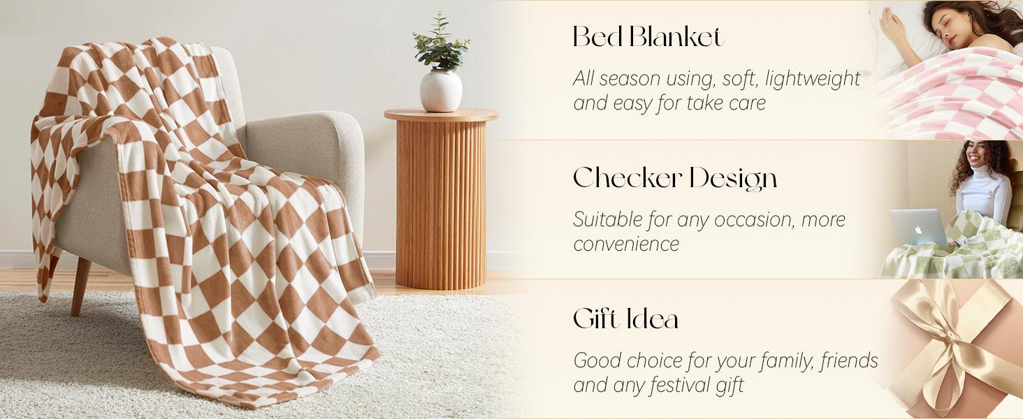 Homelike Moment Aesthetic Checkerboard Fleece Blanket, Khaki Soft Plush Throw for Couch, Bed & Sofa, Cozy Lightweight Flannel Decor