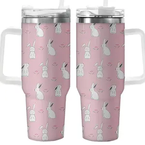 40oz Easter Bunny Tumbler with Handle and Straw - Rabbit Stainless Steel Travel Mug Water Bottle, Vacuum Insulated Cup, Gifts for Spring Holiday Home Office Travel Perfect Gift for Kids