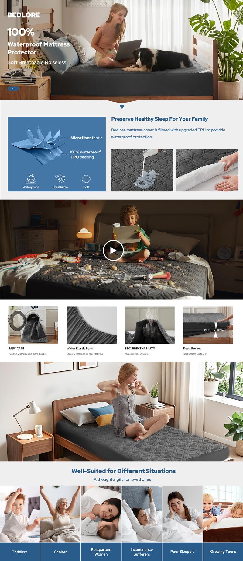 【BEDLORE】Breathable Waterproof Mattress Pad, Soft Dirt-Proof Design with Deep Pocket Fit 6–15 Inch Mattresses, Perfect for Bedroom & Guest Room