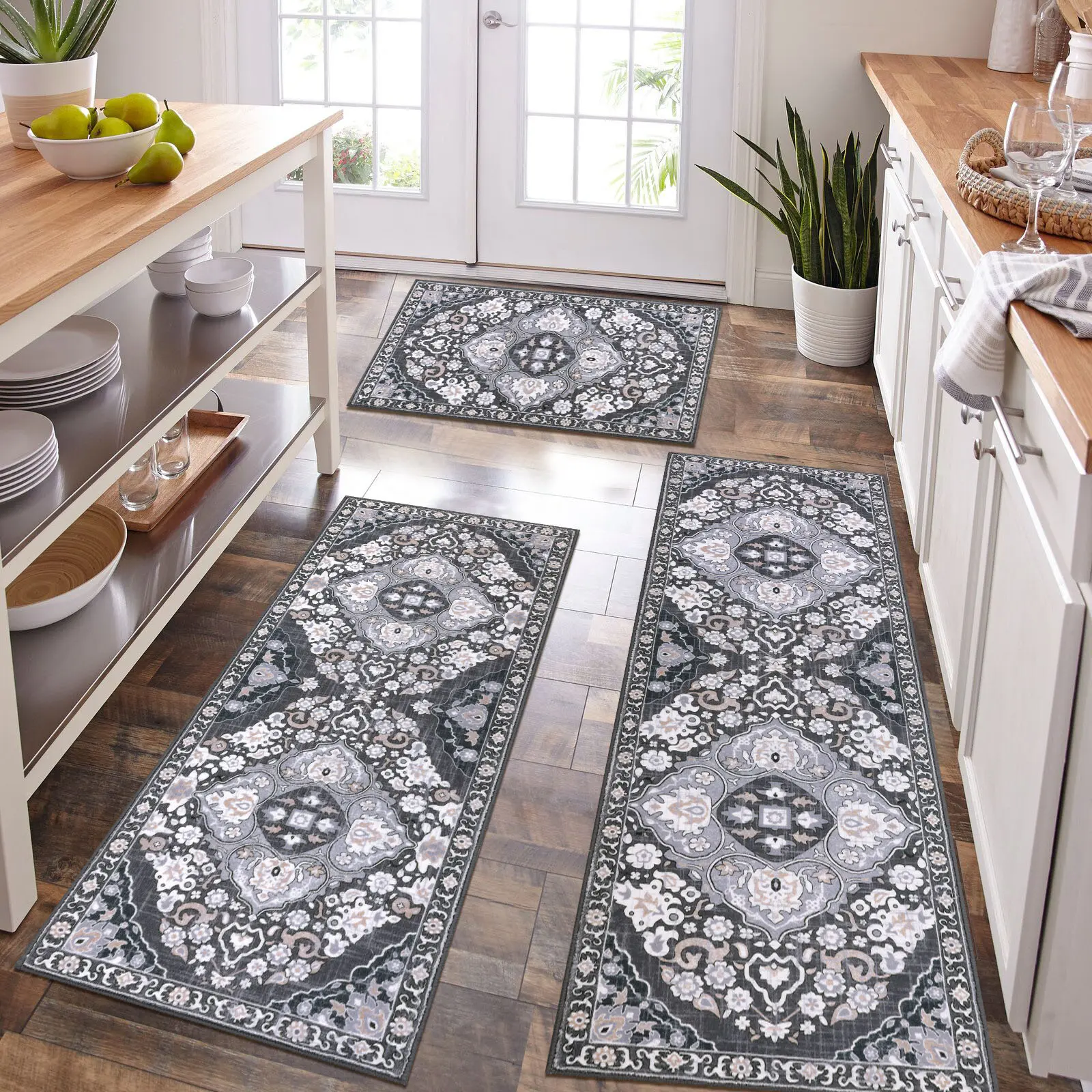 [Back to School] HEBE Washable Farmhouse Kitchen Rugs Sets of 3 Non Slip Kitchen Rugs and Mats Boho Kitchen Mats for Floor Kitchen Runner Rug Kitchen Carpet Rug Runner for Hallways Kitchen Laundry