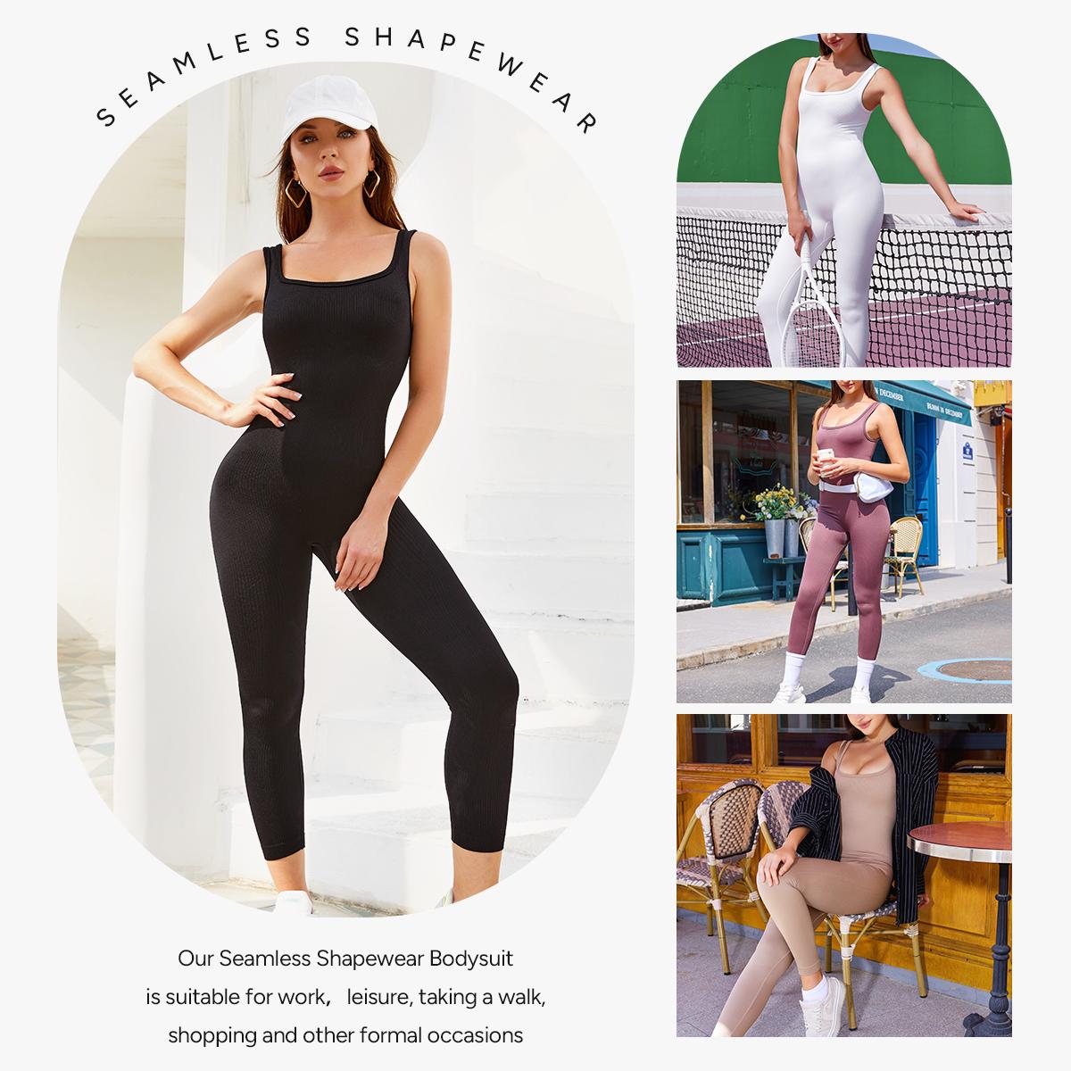 Nebility Women's High Elasticity Breathable Fabric Long Sleeve Yoga Jumpsuits Ribbed Design for Workout Leg Shape Ornament One Piece Activewear Clothing Athletic Training Apparel