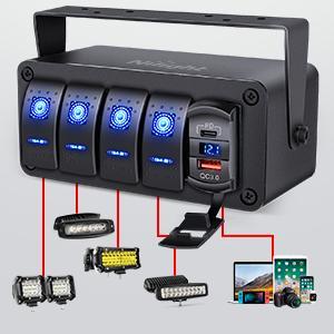 Nilight 4 Gang Rocker Switch Box 12V SPST ON Off Switch PD Type C and QC 3.0 USB Charger Voltmeter Waterproof Aluminum Rocker Switch Panel DIY Stickers for Boats Cars RVs Trucks Headlights Taillights