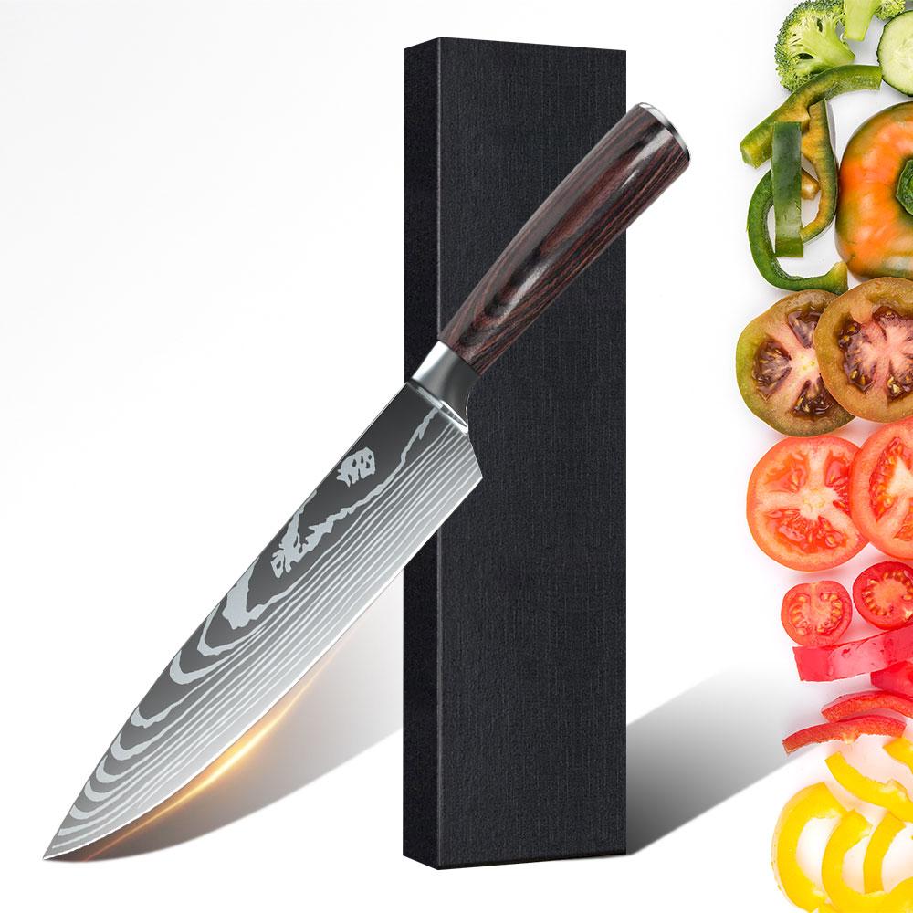 Japanese Chef Knife - 8 Inch Sharp Damascus Style Stainless Steel Pro Kitchen Knife, Ideal for Slicing and Cooking