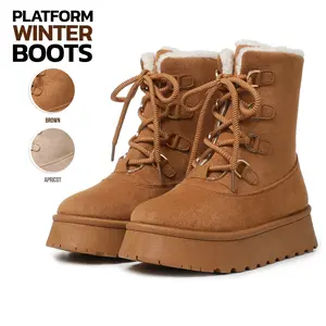 VIMISAOI Ankle Boots for Women Round Toe Platform Chunky Flat Heels Suede Lace Up Snow Boots Cozy Comfortable Indoor Outdoor Warm Faux Fur Boots For Women