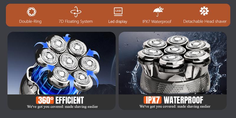 Latest Model 7D Bald Head Shaver, Electric Shaver for Menmagnetic head, IPX7 Waterproof Wet & Dry Shaving, Safe Head Shaver, LED Display, Type-C Charging, Perfect Gift for Dad Him Men smooth shave cordless rechargeable bald head razor Flawless