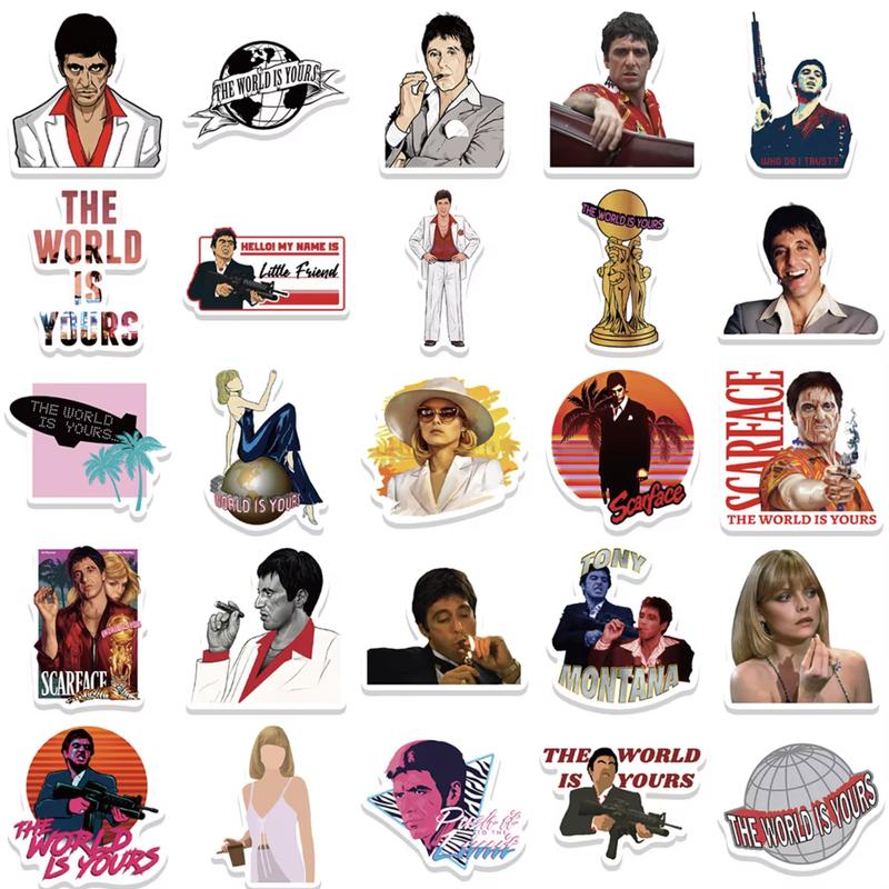 50pcs Movie Scarface Stickers Decals Waterproof DIY Graffiti Skateboard Laptop Stationery Cartoon Cool Sticker Toys Gifts Al Pacino Tony Montana The World Is Yours