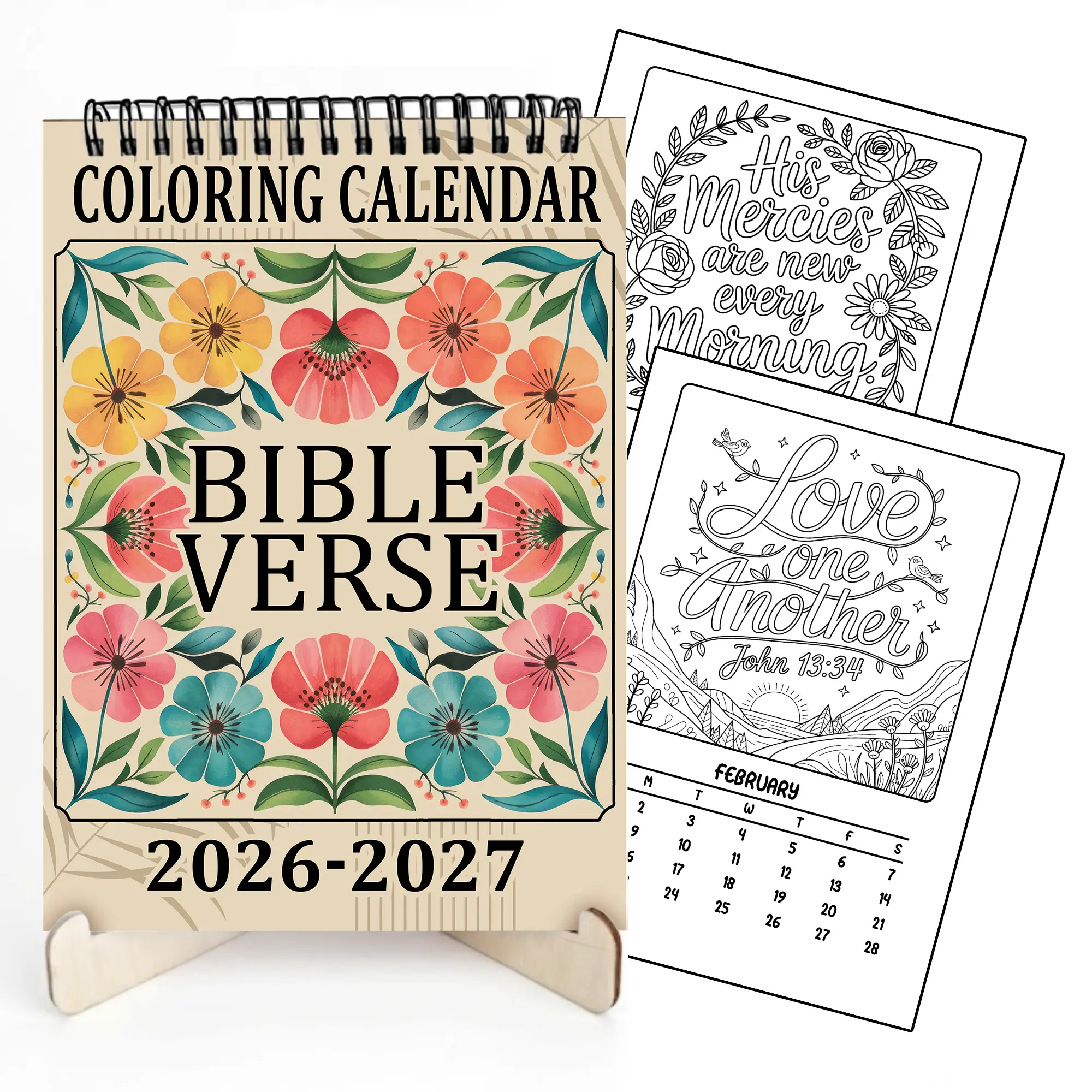 Floral Bible Verse Coloring Desk Calendar 2026–2027 – Christian Adult Coloring Calendar with Wooden Stand