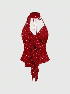 Women Sexy Y2K Polka Dot Chiffon Full Print Ruffle Hem Design Turtleneck Tank Top