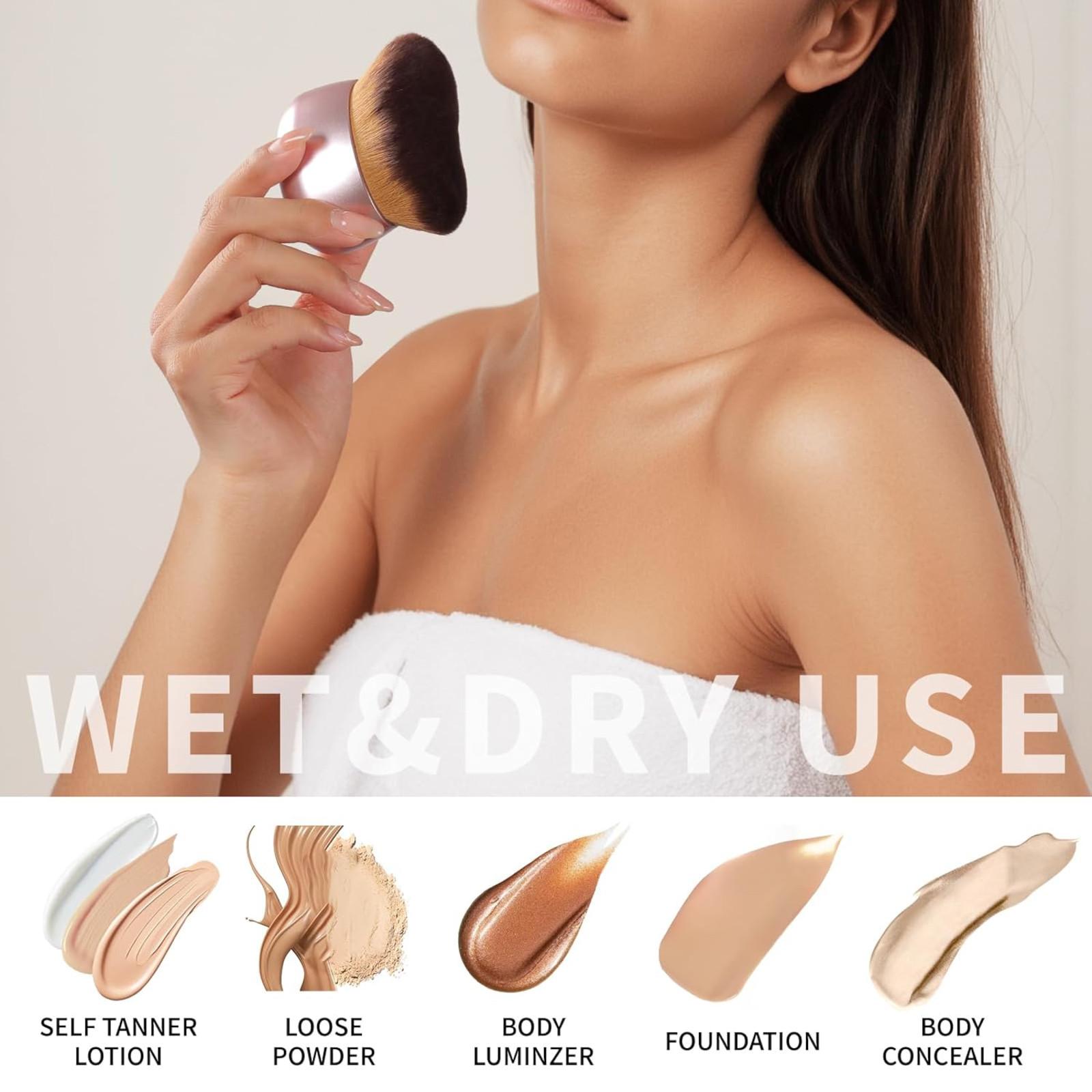Extra Large Makeup Brush & Self Tanning Brush for Foundation Arms Legs Bronzer Blend Body Face Back Makeup Pink Rose Gold Ergonomic Design Luxurious Bristles Wet Dry Use