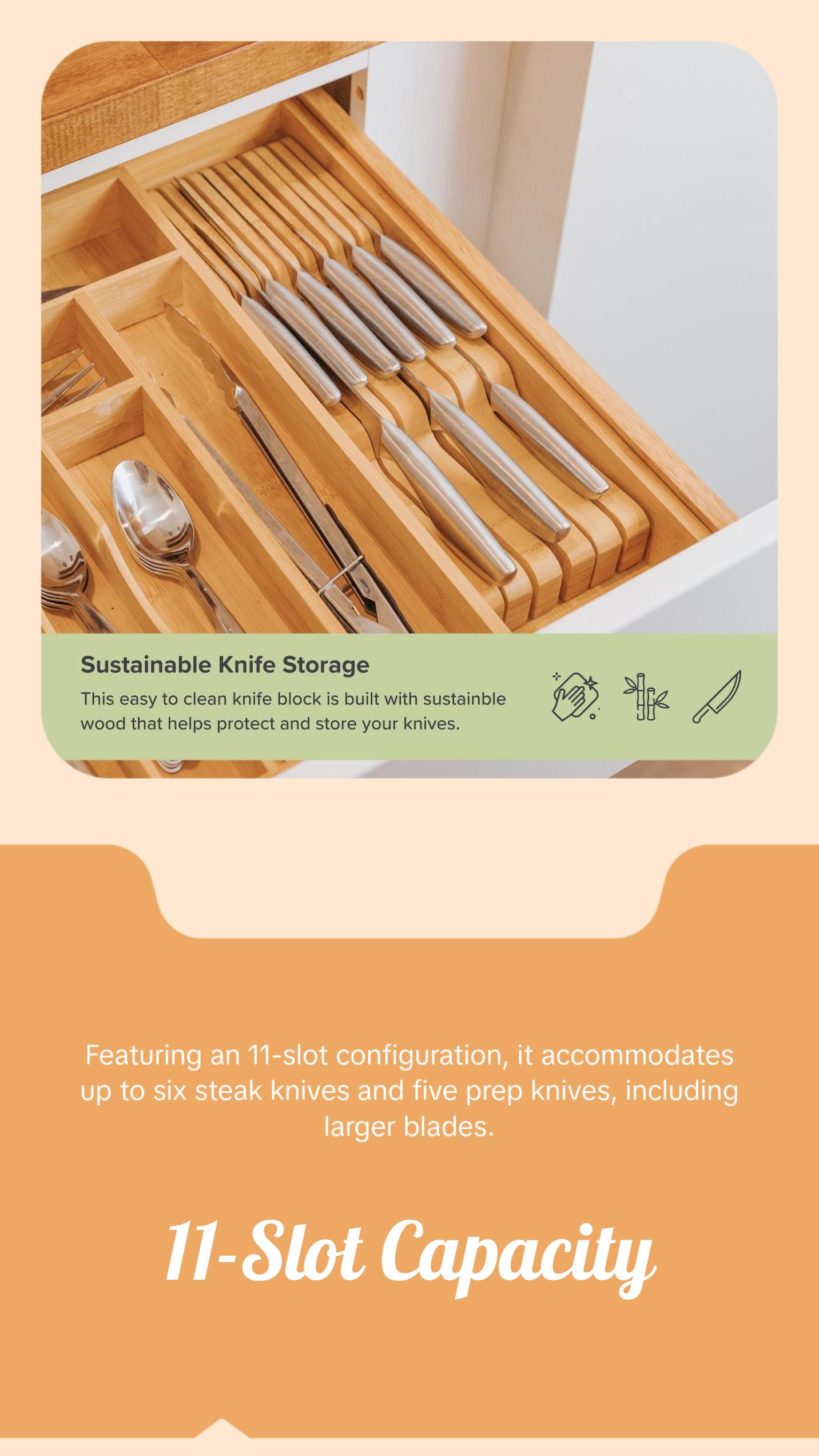 Knife Block Drawer Organizer - Natural Bamboo