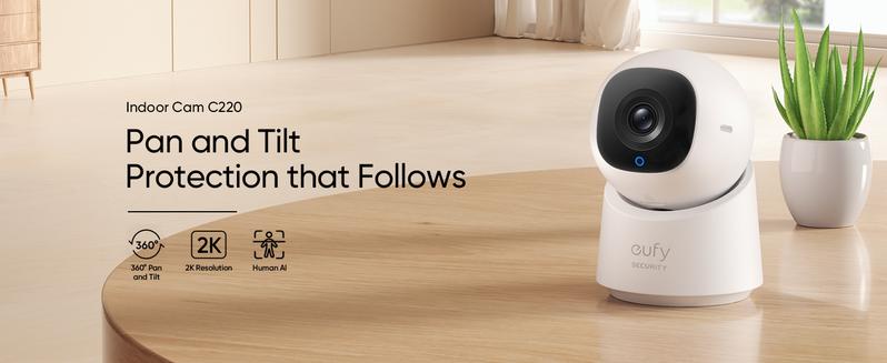 【LIVE ONLY】eufy Security Indoor Cam C220 2K Resolution 360° Pan Tilt Plug-in Camera with AI Detection Night Vision & Local Security Only 2.4GHz Wi-Fi