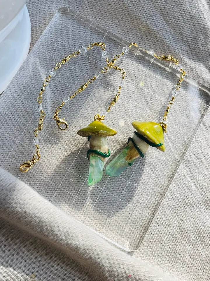 THE ETHEREAL Green Mossy Mushroom Glasses Chain - Handcrafted 30-inch Gold-Toned Chain with Faceted Crystal Beads & Interchangeable Charms for Customizable Style
