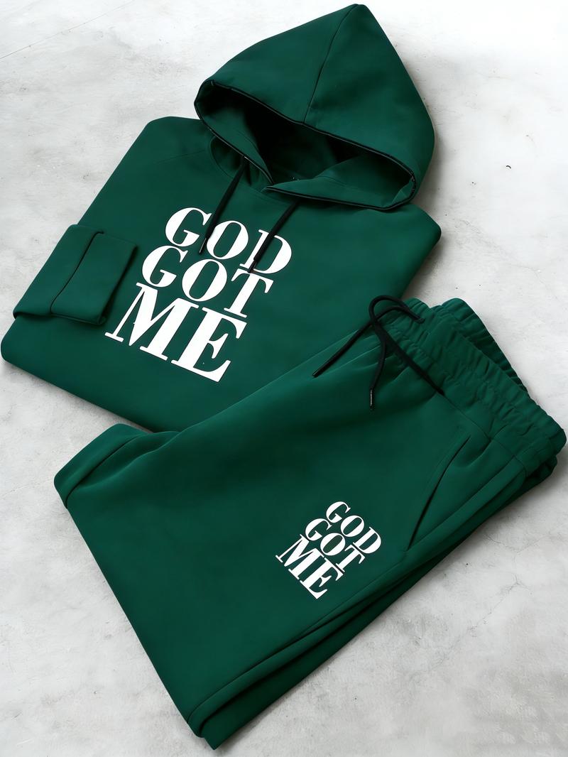 Men's Fashion Casual Two-Piece Set 'GOD GOT ME' Graphic Print Tracksuit - Pullover Hoodie & Sweatpants, Regular Fit, Suitable for Casual Daily Streetwear and Stylish Leisurewear