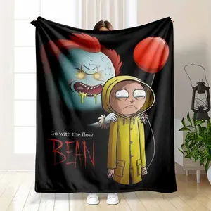 Rick and Morty IT Parody Flannel Blanket Creepy Pennywise Clown and Morty in Yellow Raincoat Art Print Soft Warm Cozy Lightweight Throw Ideal for Sofa Bedroom Office Travel Gift Decor Use