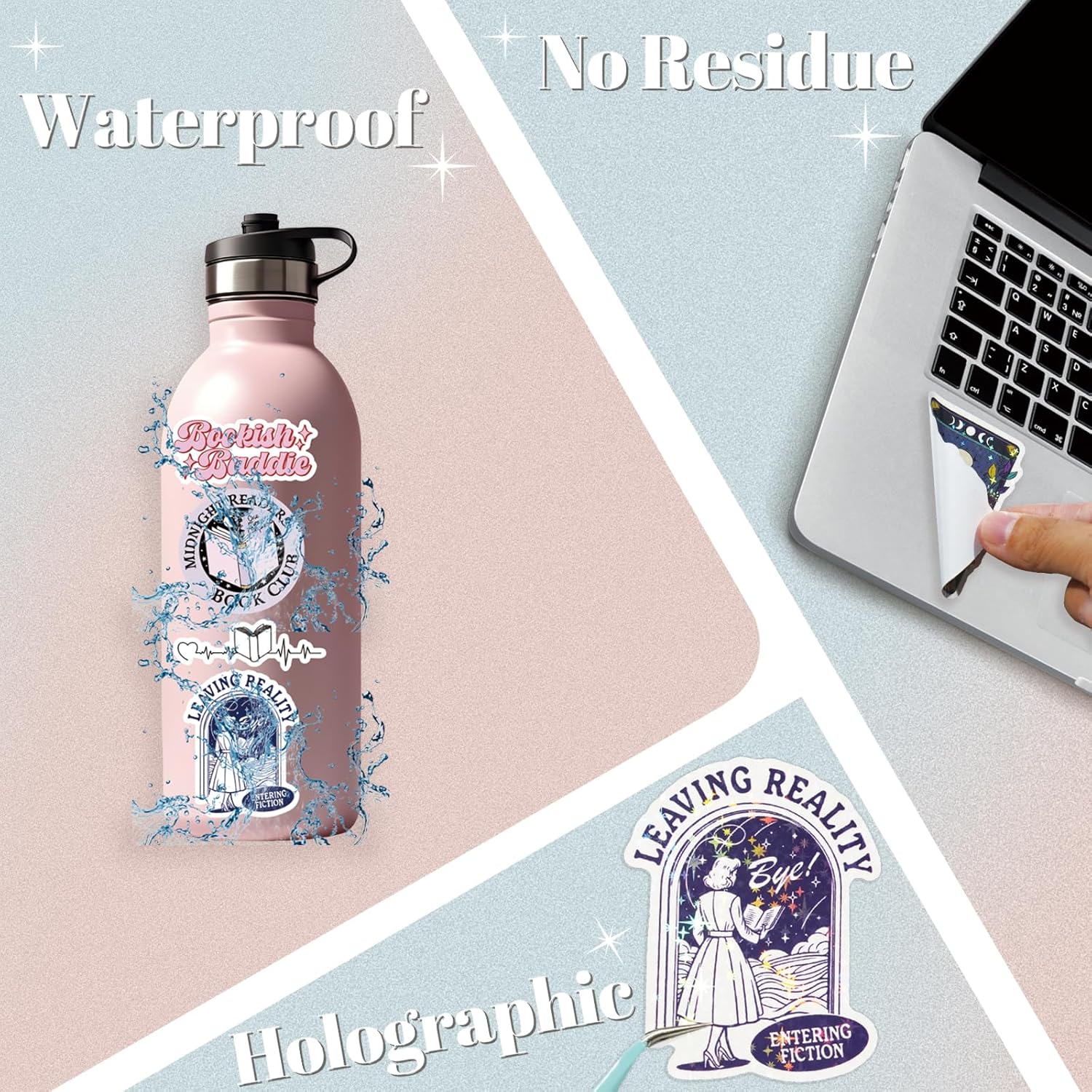 150 PCS Romance Book Stickers for Kindle, Holographic Bookish Sticker Pack Reading Glitter Vinyl Decals for Laptop Ebook Readers Water Bottles Journal Scrapbook Waterproof