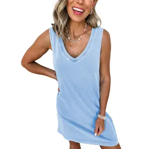 Womens Summer Dresses Mineral Washed V Neck Sleeveless Tank Shift Dress Mini Dress Resortwear Boho Dress Womenswear Vacation Outfits Women Casual Fashion#DealsForYouDays
