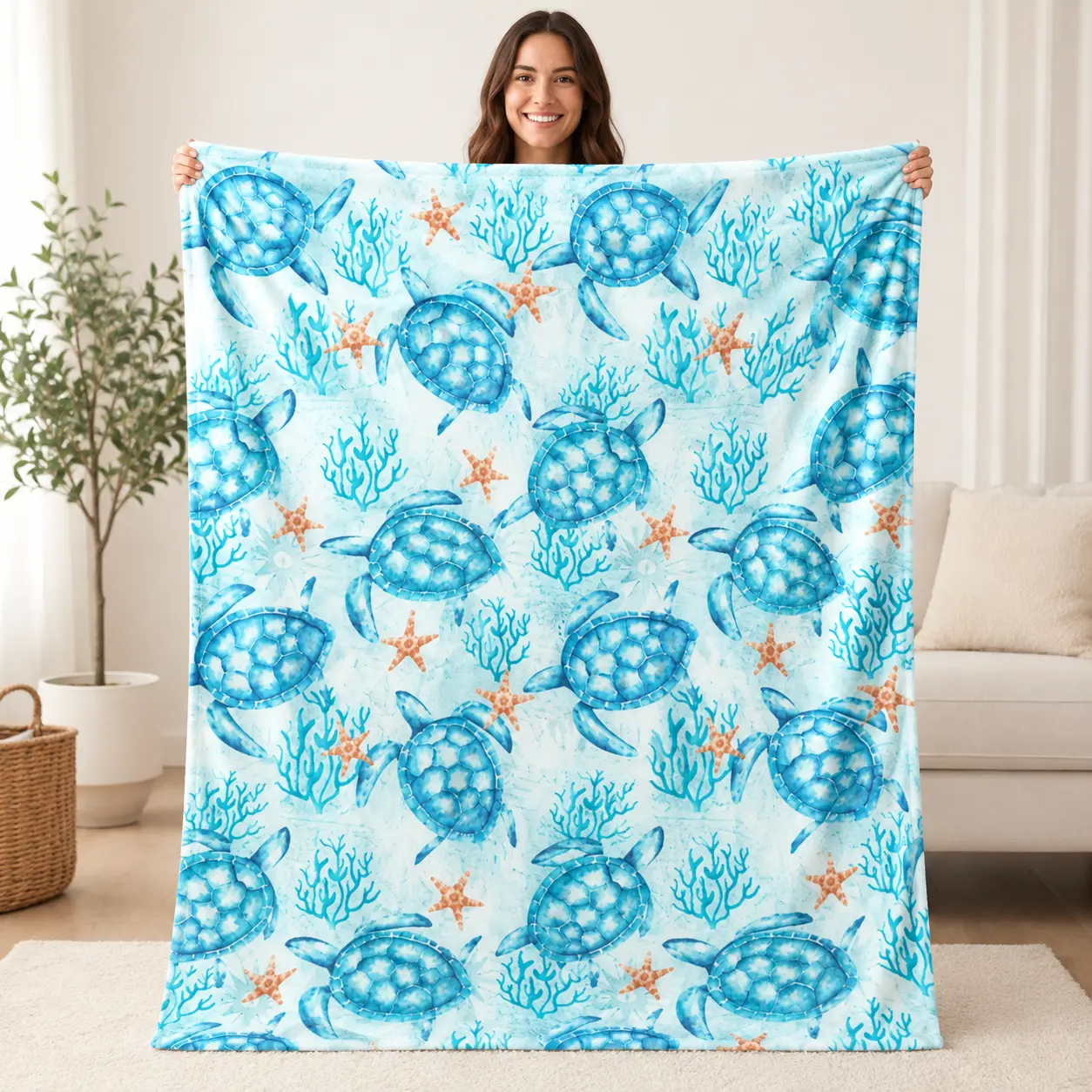 Soft Cozy Flannel Ocean Pattern Blanket - Watercolor Sea Creatures Design, Blue Fuzzy Texture Throw, Multi-Size, Ideal for Home Relaxation, Nautical Bedroom Living Room Decor, Beach Lovers' Birthday Gift, Marine Life