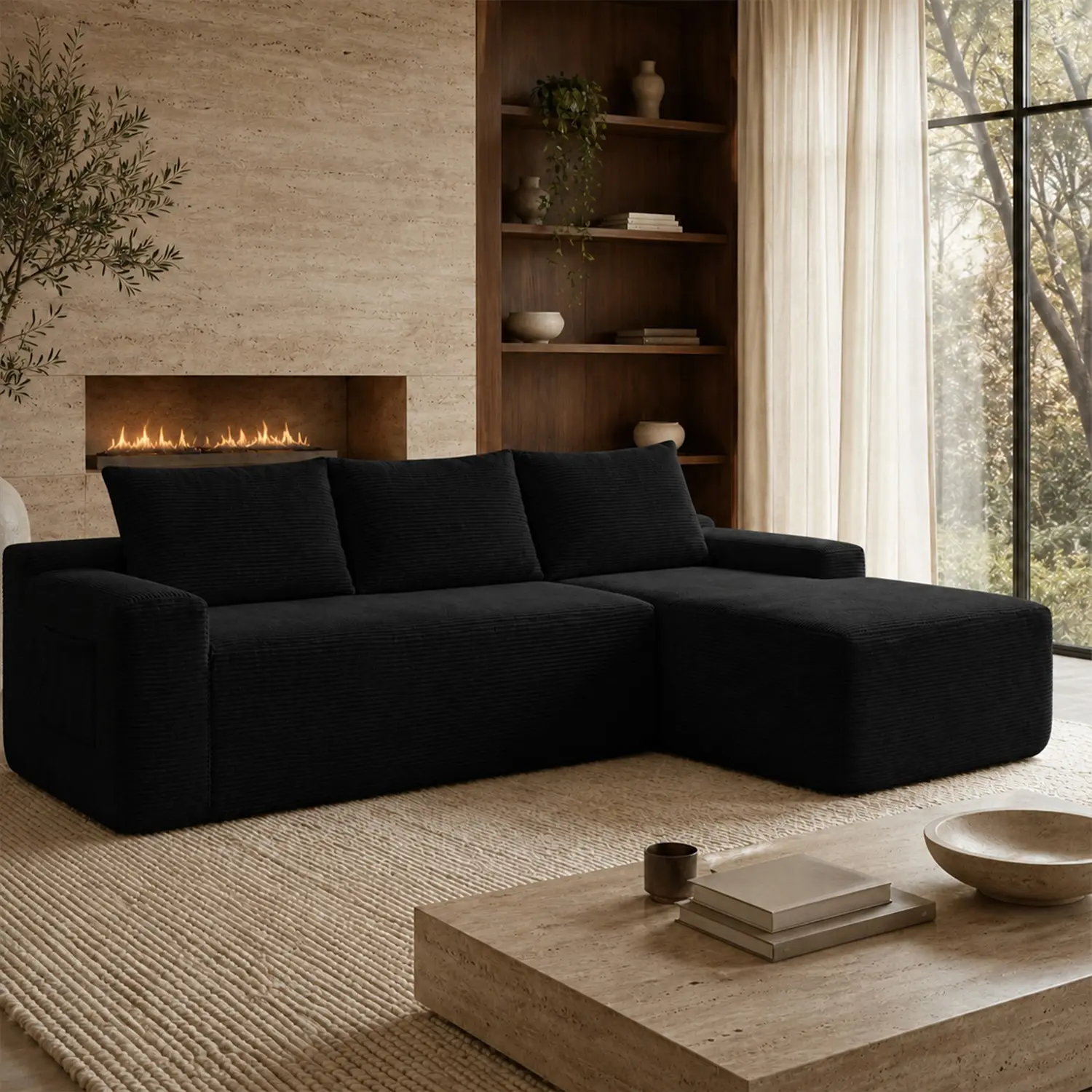 YOMSUM 96.9" L-Shaped Modular Sectional Sofa with Chaise, Boneless Comfy Corduroy Fluffy Couch with Deep Seat and Side Pockets, Flexible Module Combination for Living Room, No Assembly, Side Pockets