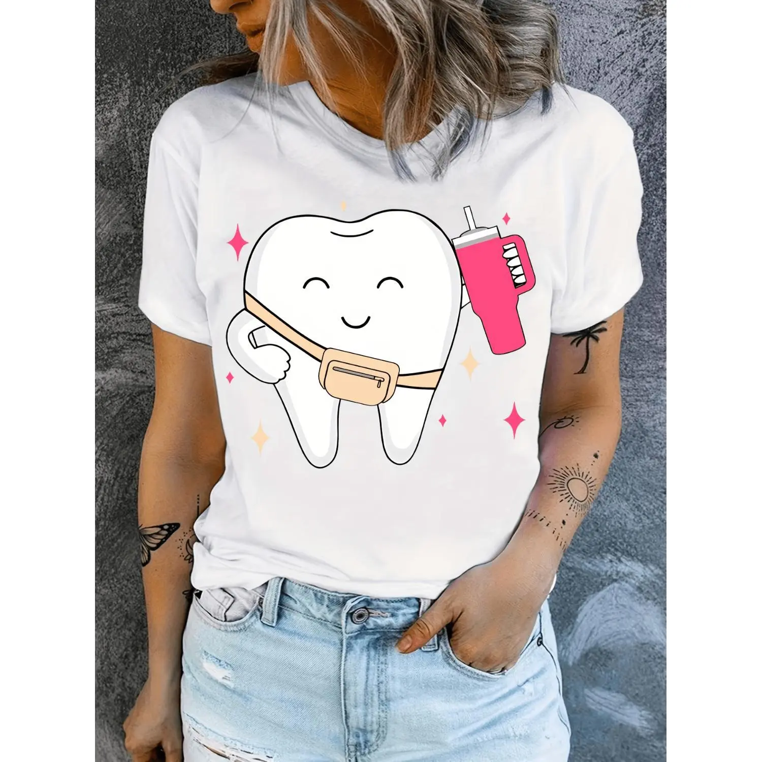 Fun Tooth Print Cotton T-shirt for Dentist Dental Group Professionals