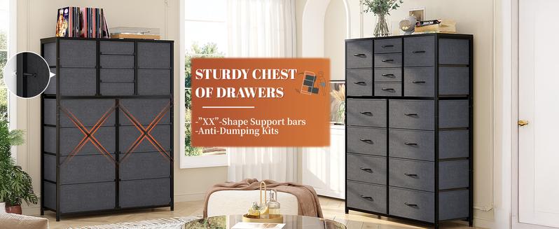 RaybeeFurniture 16 Drawer Dresser for Bedroom, Chest of Drawers with Fabric Bins, Sturdy Metal Frame, Wood Tabletop Storage Organizer for Guest Room, Closet, Entryway