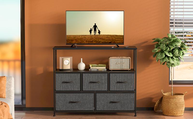 Entertainment Center with 5 Fabric Drawers, Media Console Table Open Storage Shelf Dresser for Bedroom/Living Room/Hallway, TV Stand with 5 Drawers
