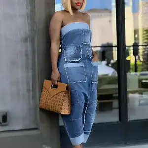two-piece set woman Streetwear Multi-Pockets Denim Overall Jumpsuit Women Sleeveless Tube Strapless Off Shoulder Party Club One Pieces Rompers Jeans Womenswear Check Light Basic Blue Fitted Minimalist