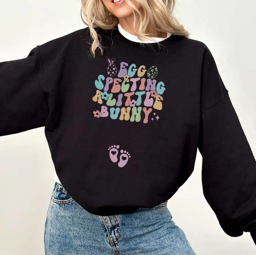Easter Pregnancy Announcement Shirt, Sweatshirt Eggspecting Little Bunny Graphic Top, Spring Maternity Style Holiday Expecting Mom Gift, Gift For Men And Women, Classic Cotton Full Colors Sweatshirt