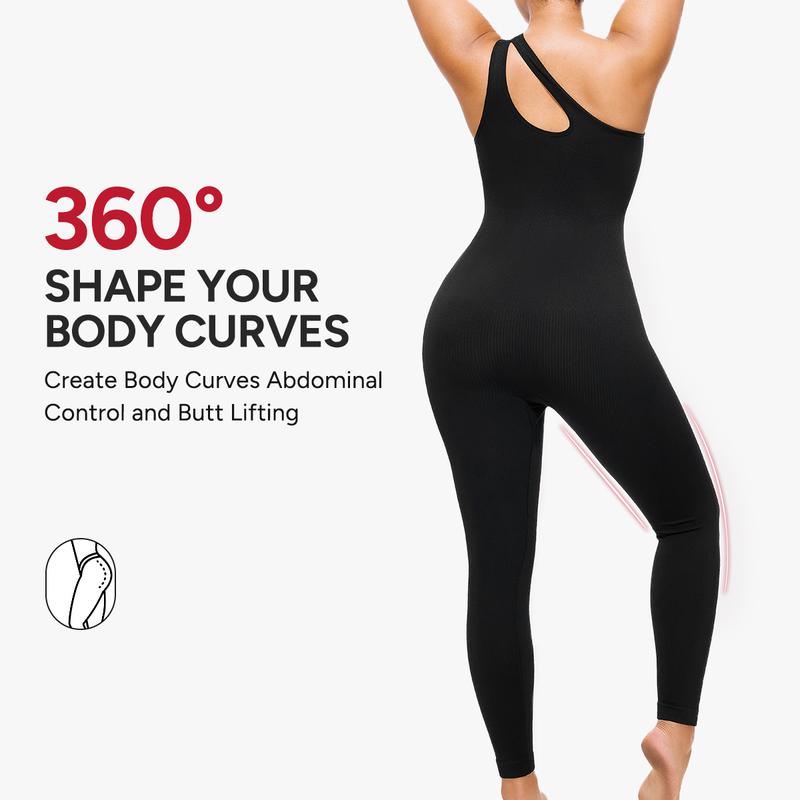 Nebility Women's Workout Seamless Yoga Ribbed Bodycon Jumpsuit Cut Out Asymmetric One Piece Leg Lengthening Tank Top Leggings Romper Stylish Activewear Stretchable All Season Solid Color Sports Jumpsuit