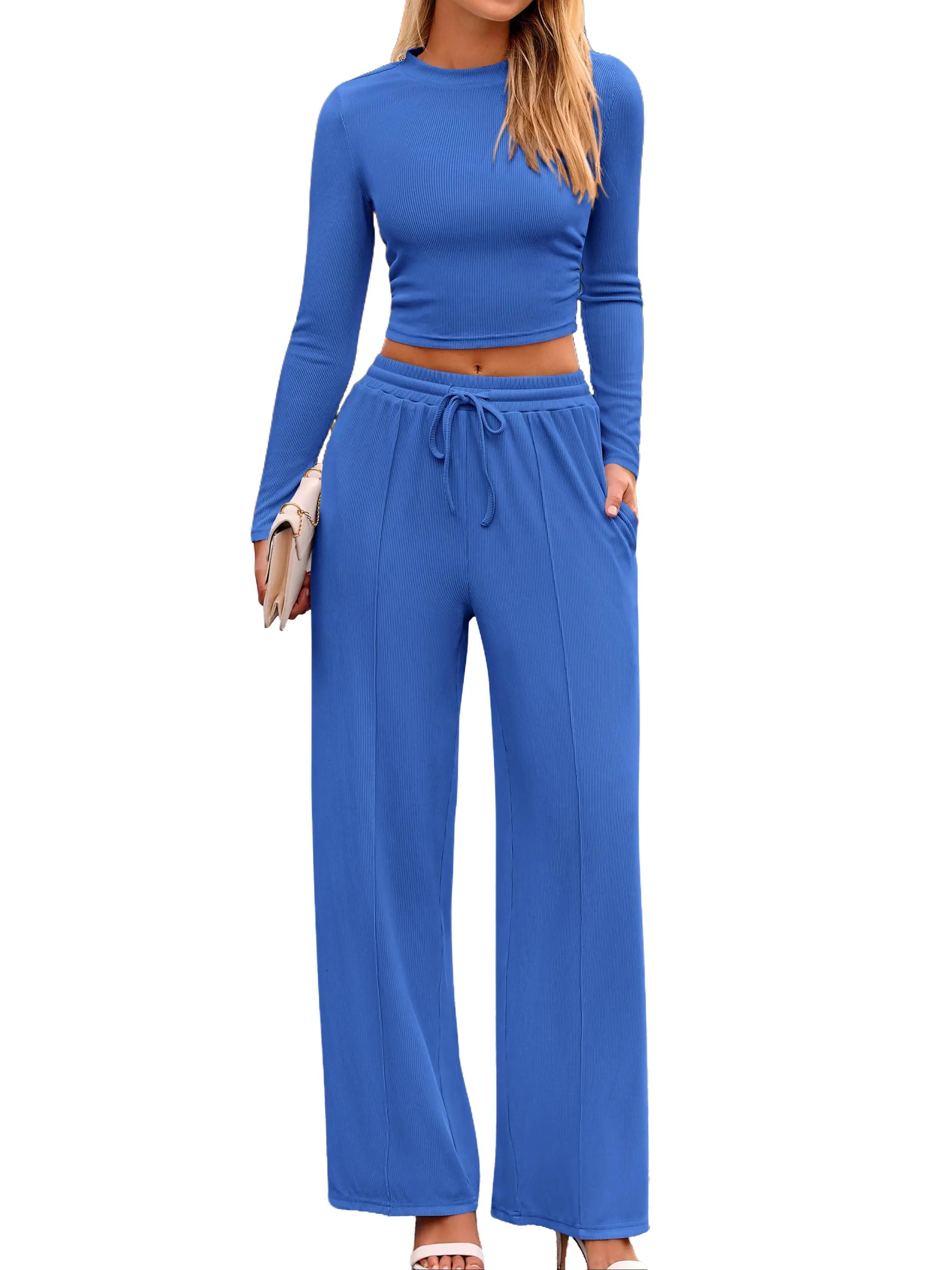 2-Piece Ribbed Knit Long Sleeve Crop Top Wide Leg Pants Matching Lounge Set Loungewear