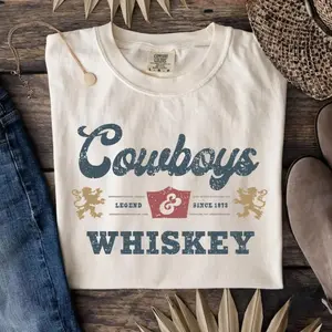 Comfort Color Vintage Cowboys And Whiskey T-shirt Western T-shirt, Barbecue Party, Cricut & Silhouette Country T-shirt, Cowboy Shirt Gift