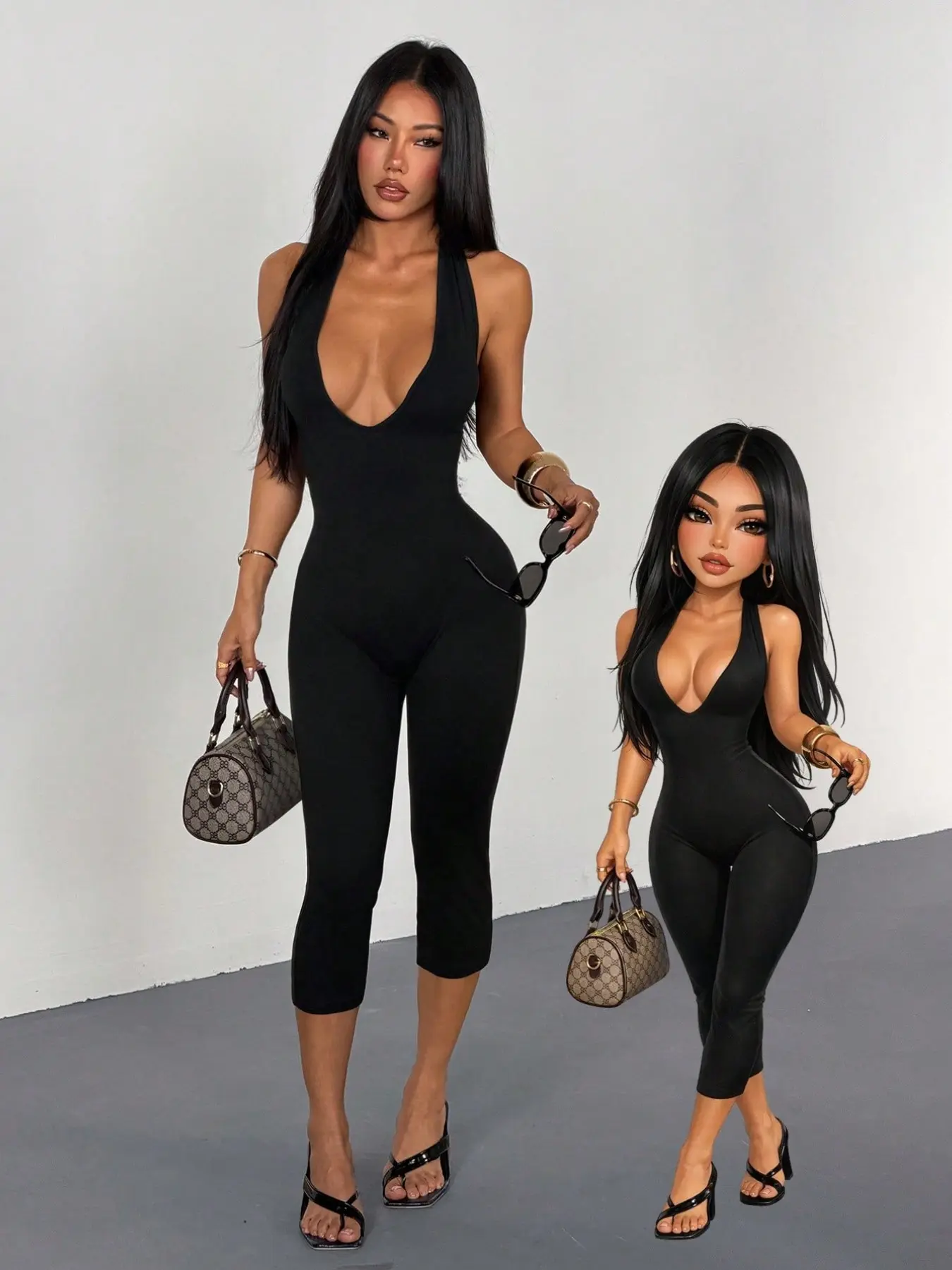 Women's Sexy Deep V Halter Sleeveless One-Piece Pants, Slim Fit Seven-Quarter Cropped Pants, Backless Strap Tight Body Suit, Night Club Party Streetwear Street Style