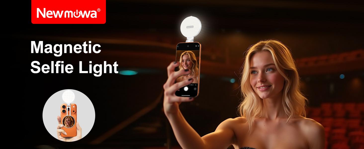 Newmowa 3-in-1 Magnetic Mirror Selfie Light – 360° LED Ring Light with MagSafe, Mirror and Phone Stand, Portable Rechargeable Fill Light, 3 Color Temperatures for Makeup, Live Streaming, Video Calls, Gift, Compatible with iPhone 17