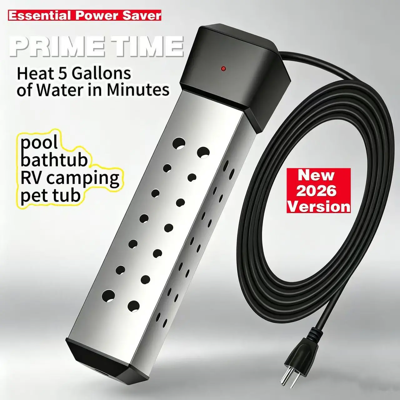 【NEW 2026 Version】2000W Portable Rapid Heating Square Immersion Water Heater for Inflatable Pool Bathtub,Outdoor Swimming Pool，Bucket Heater with 304 SS Guard, Submersible Water Heater with LCD Thermometer,Heat 5 Gallon Water in Minutes,Safe & Fast