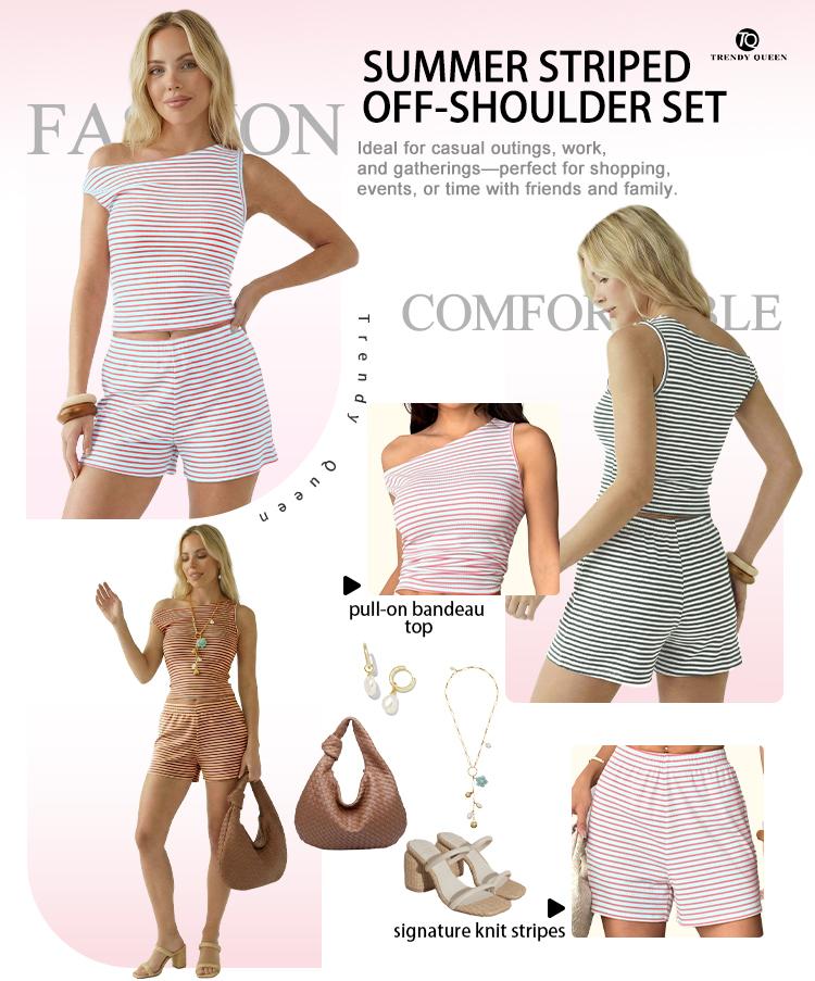 Trendy Queen Women's Striped One Shoulder Two Piece Set - Summer 2026 Viral OOTD Ruched Sleeveless Top & Matching Shorts Vacation Outfit
