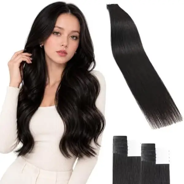 Encharm Tape In Hair Extensions Human Hair, Black 50G 20Pcs | Remy Human Hair Extensions, Double Sided Tape, Seamless Invisible Skin Weft, Silk Straight Texture, Real Human Hair