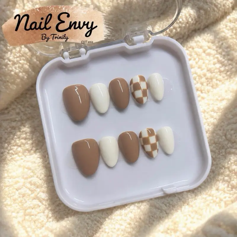 Almond cozy fall checker print press on nails