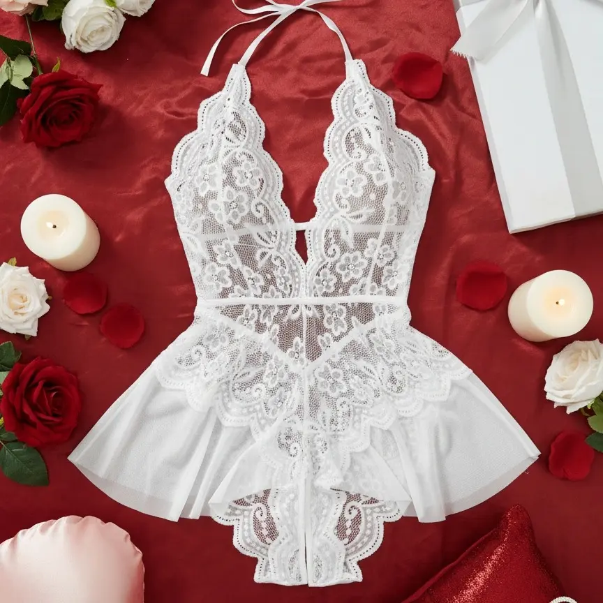 AESKEIA Women's Floral Lace Babydoll Lingerie, Deep V Halter Chemise with Sheer Mesh Flared Skirt
