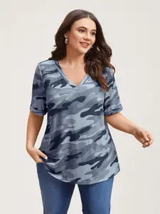 【Summer Turn-Up】BLOOMCHIC Plus Size Women's Curvy Camouflage Print V-Neck T-Shirt [M-6X] 2026 Summer Vibes Swimweek,Summer wins,Deals for you days Fit Fabric