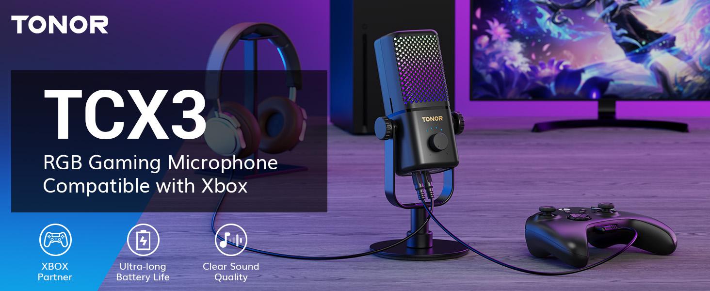 TONOR TCX3 Gaming Microphone for Xbox - RGB Condenser Streaming Mic with One Tap Mute, Long Battery Life, Fast Charging, Compatible with Capture Card