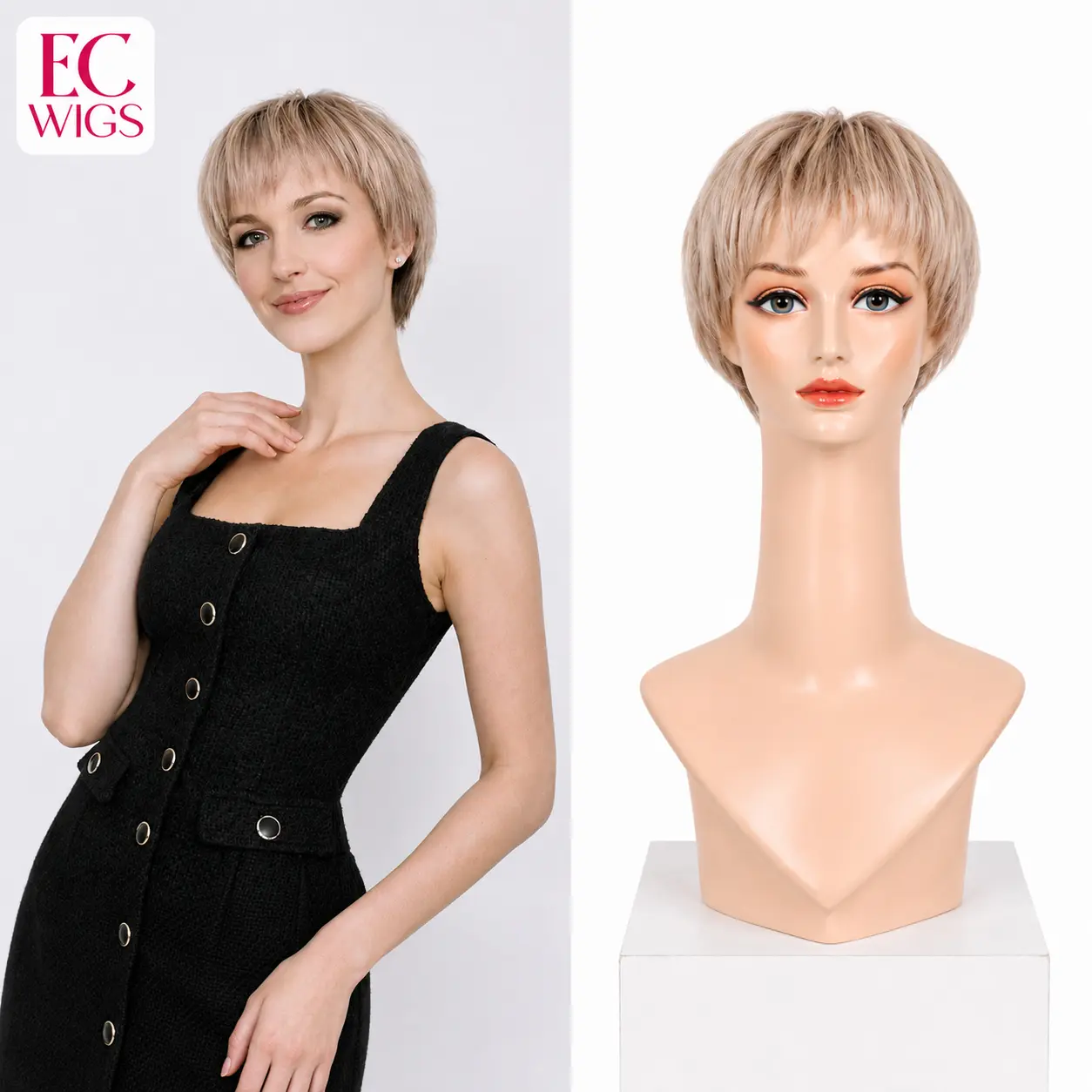 EC Wigs BILLIE Mono Lace Front Wig 7*5 INCH Pixie Cut Full Monofilament Hand Tied Top 9 Inches Natural  Style Glueless Synthetic Wig for Women Natural Mix Blonde 150% Density, Natural Looking Wigs, Glueless Frontal Wig Afro W lace igs Afro Curly Wigs