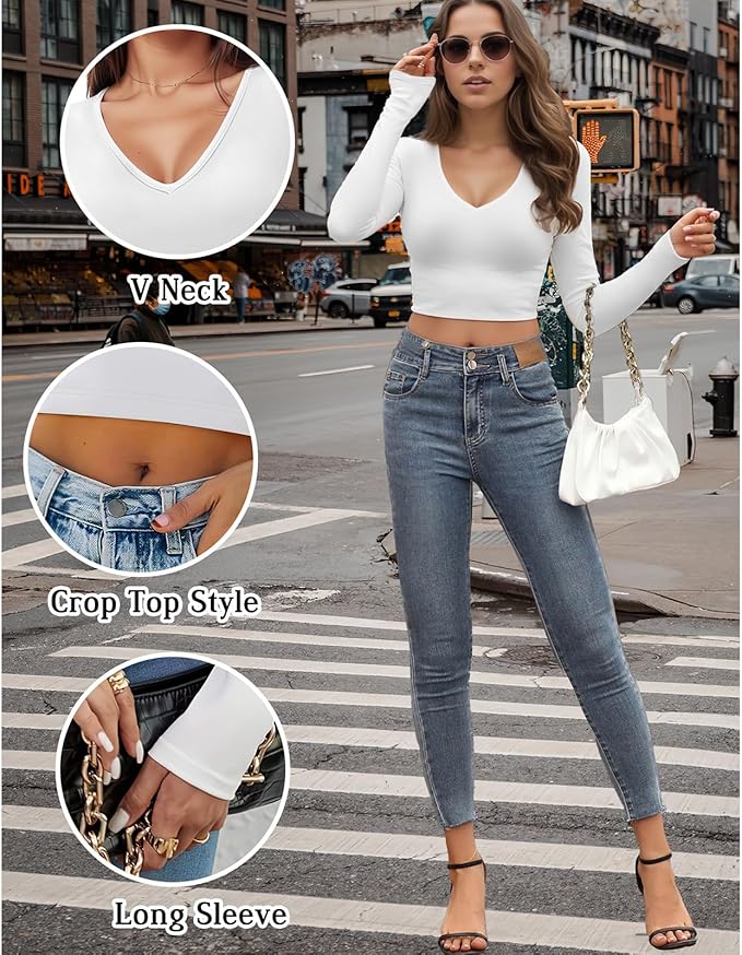 Long Sleeve V Neck Crop Top for Women Soft Workout Shirt Going Out Tops Sexy Slim Fitted Casual Base Layer Lightweight