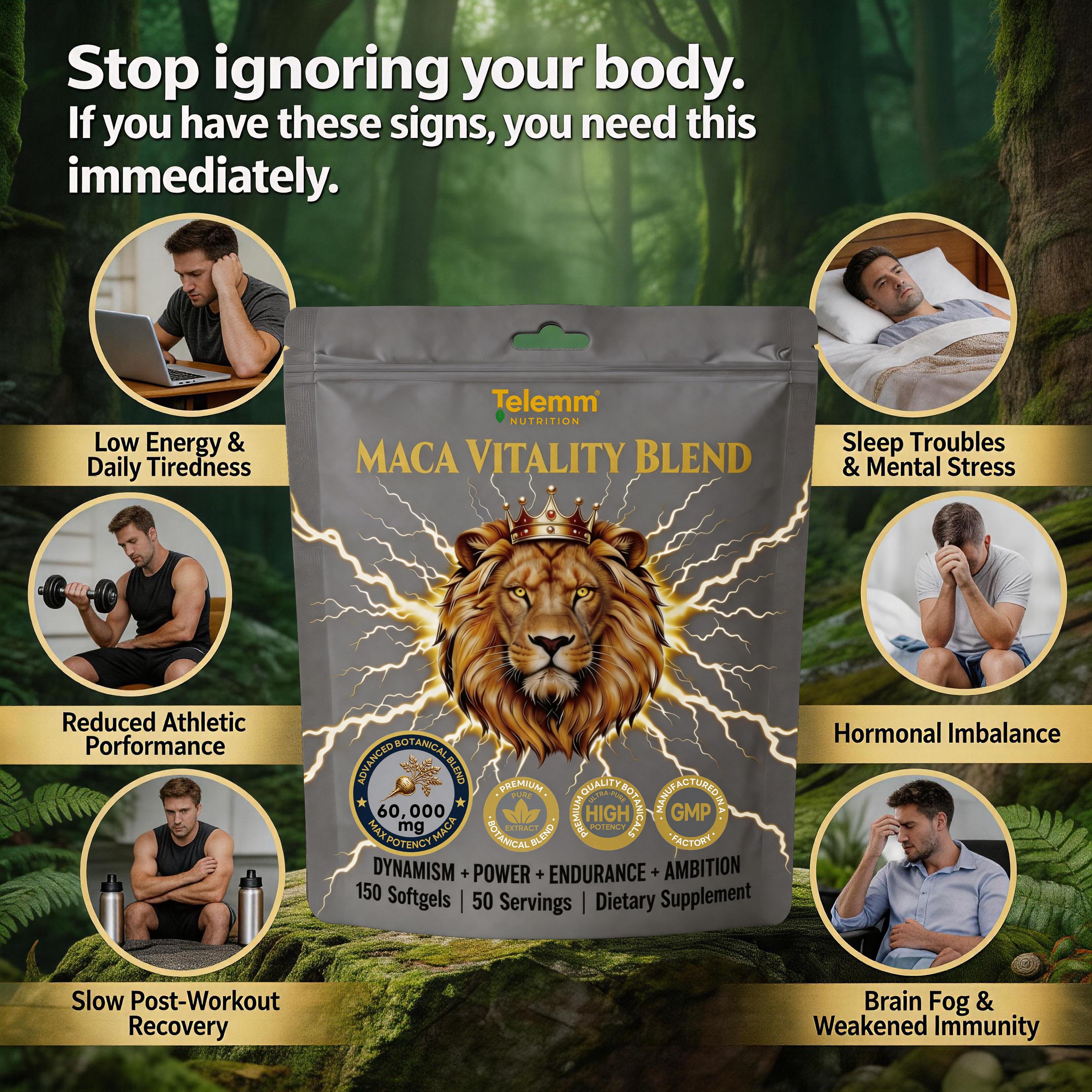 Telemm Pure Root Maca Softgels, 60000mg Natural Herbal Dietary Blend, Non-Stimulant Adult Daily Botanical Supplement, 150ct 50-Day Supply, Clean Hypoallergenic GMP Cert Formula
