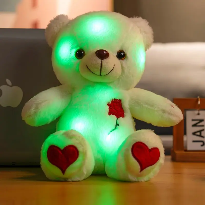 Glow-in-Dark Teddy Bear Plush, Romantic Teddy Bear, Glowing Bear, Light-Up LED Toy with Heart and Rose Lights, Soft and Cuddly, Warm White & Colorful Lights Valentine's Day, Birthday, Anniversary Gift for Kids & Adults (White/Red)