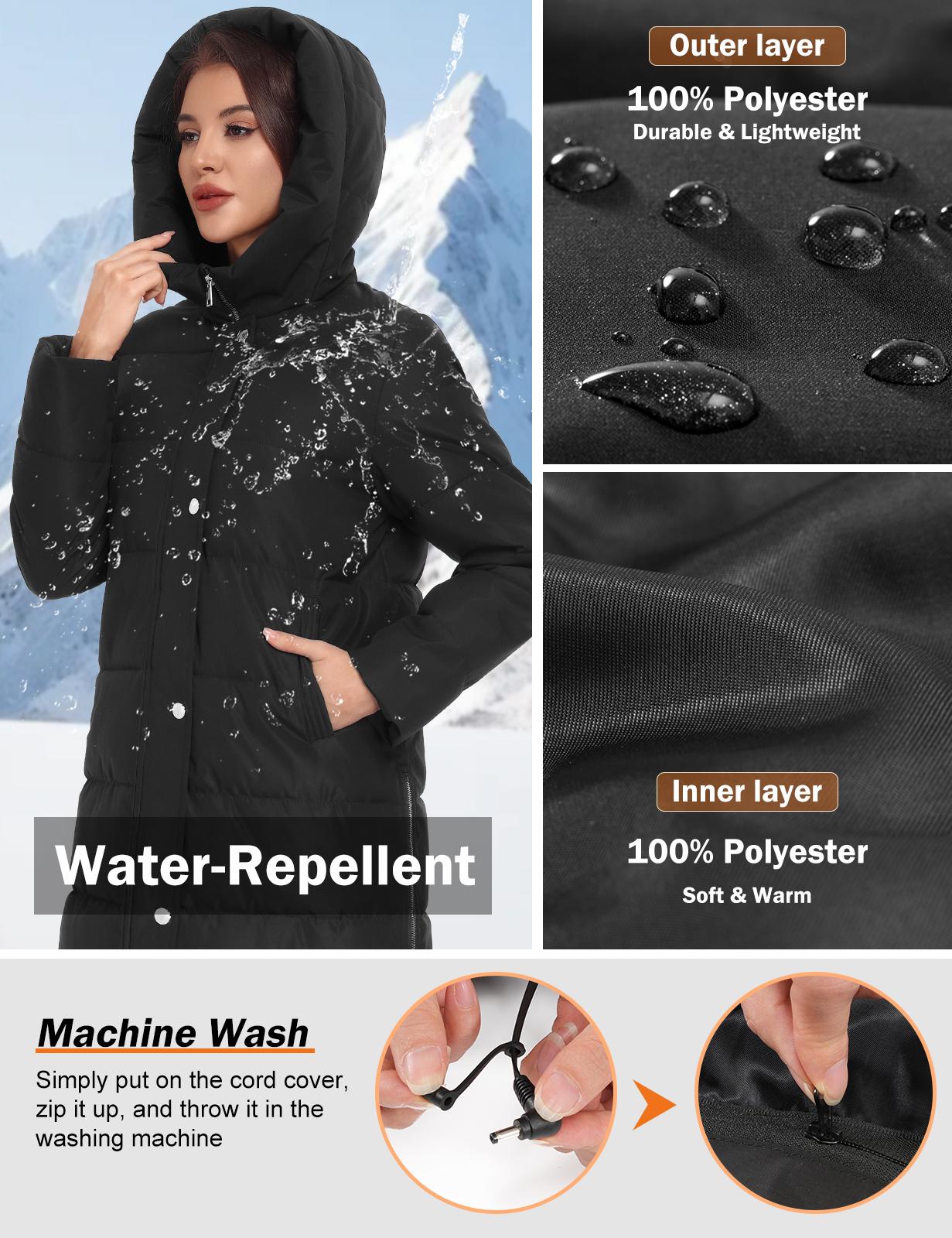 HEEKPEK Women’s Heated Long Down Jacket with Hood, 8 Heating Zones Water-Repellent winter inter Heated Outerwear Coat  coat for Women