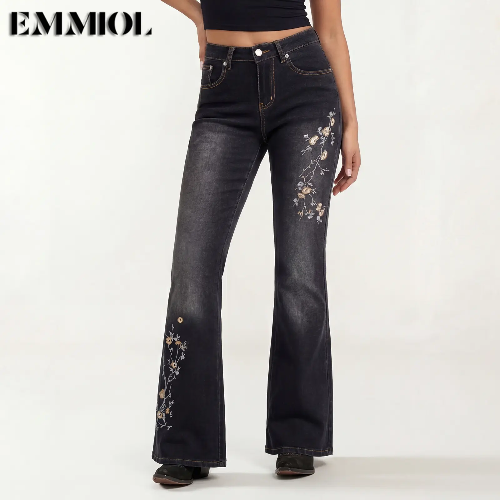 EMMIOL【Back to School】Women Mid Low Rise Bell Bottom Jeans Stretchy Flare Denim Pants Embroidery Vintage Y2K 90s Streetwear