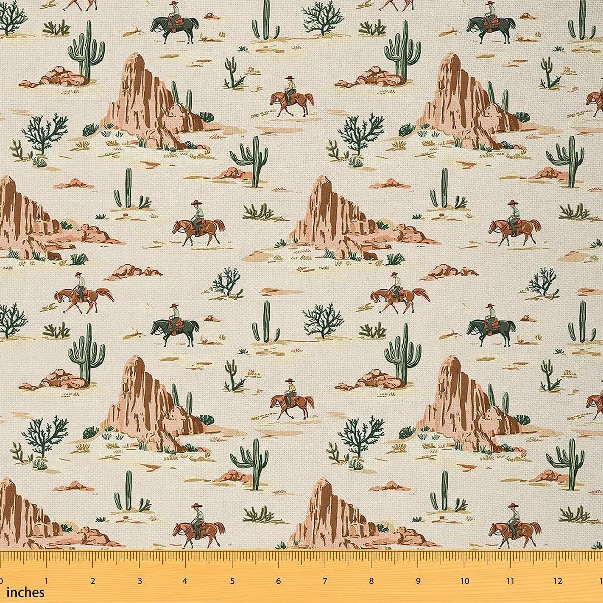 Feelyou Southwest Soft Polyester Fabric by the Yard - Cartoon Desert Scene Print, Cactus Mountain Design, Non-Stretch, Waterproof for DIY Sewing Enthusiasts