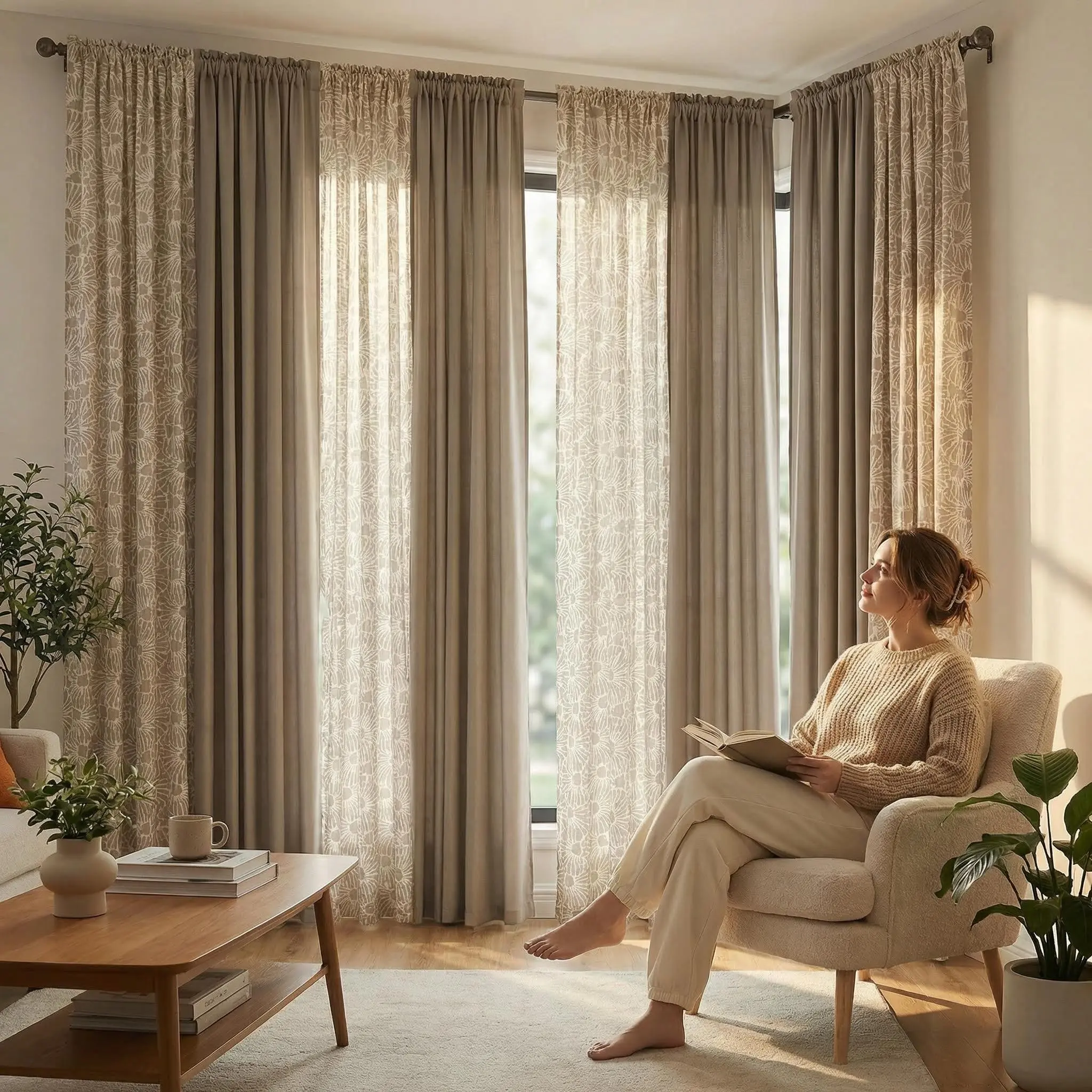 8 Panel 52"X84" Rod Pocket Curtains Combo,4 Panels Printed Heavy Bamboo Flat Weave Drapes & 4 Panels Solid Oxford Stretch Drapes,   Light Filtering Breathable Modern Indoor Decor for Living Room, Bedroom, FT5502 A018