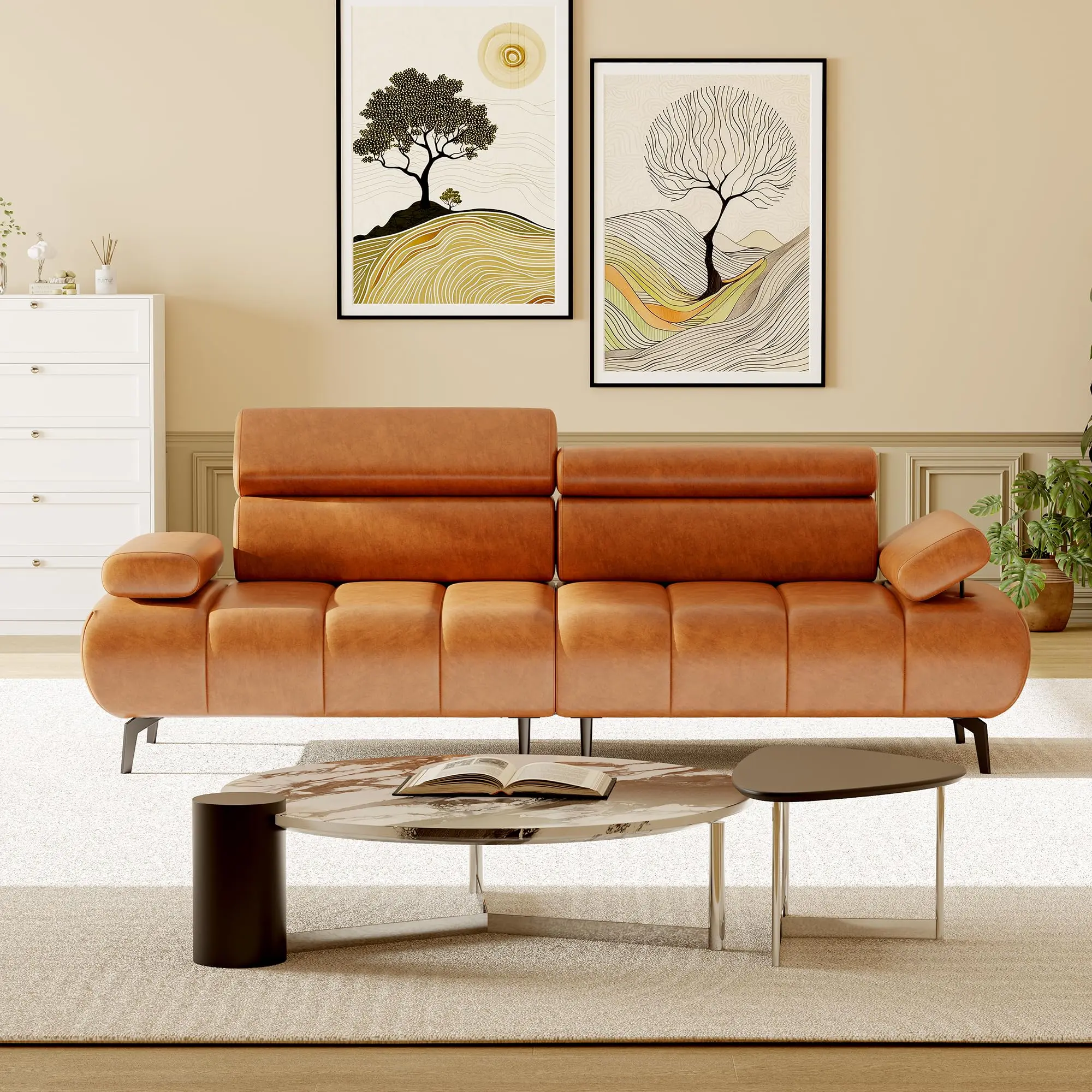 Garvee PU Leather 3-Piece Rectangular Sectional 3-Seater Sofa - Adjustable Armrests, Adjustable Headrests, 6-Level Recline, Independent Sections for Living Room Comfort, Rectangular Form
