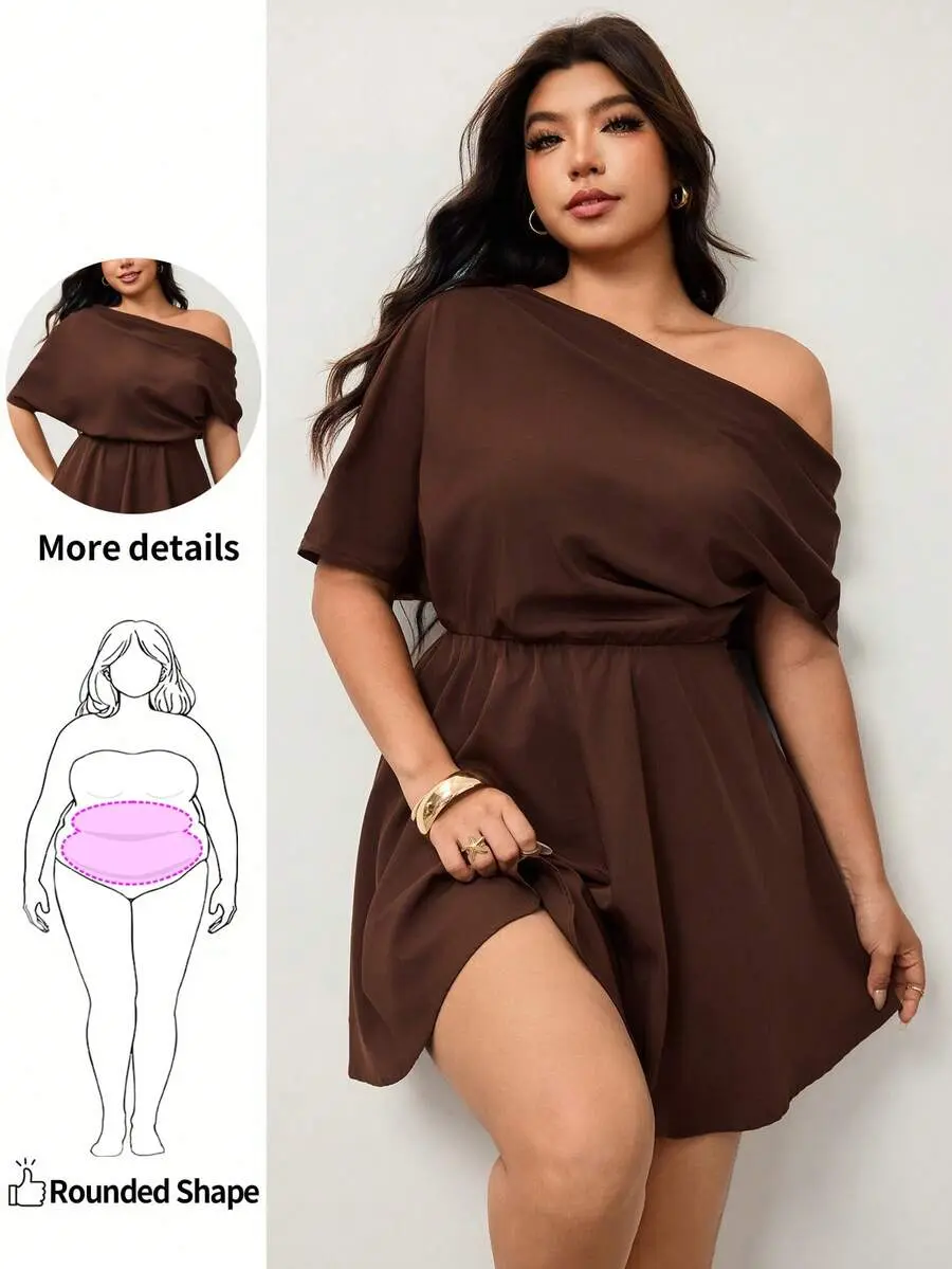 IVVVORY Plus Size Women's Casual Commute Solid Color Asymmetric Neckline Cinched Waist A-Line Dress, Summer Brown Elegant Dress, Chocolate Brown Dress, Coffee Brown Dress, Brown Wedding Guest Dress, Spring Women's Clothing, Spring Women's Clothing